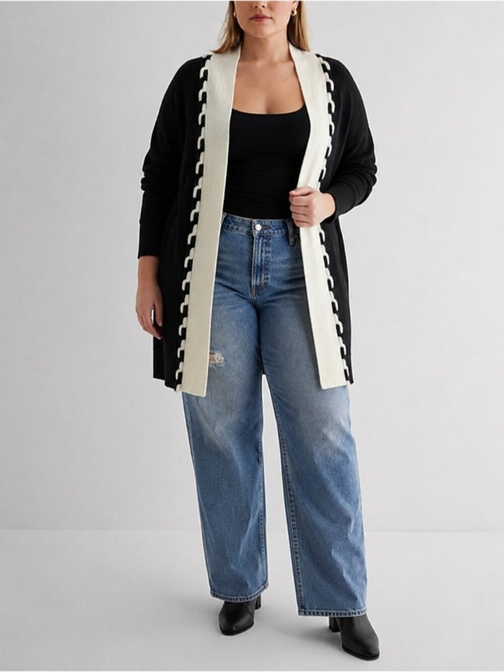 Penningtons Fuzzy Cardigan Sweater Size X 0X Cozy Open Front Knit Black Duster